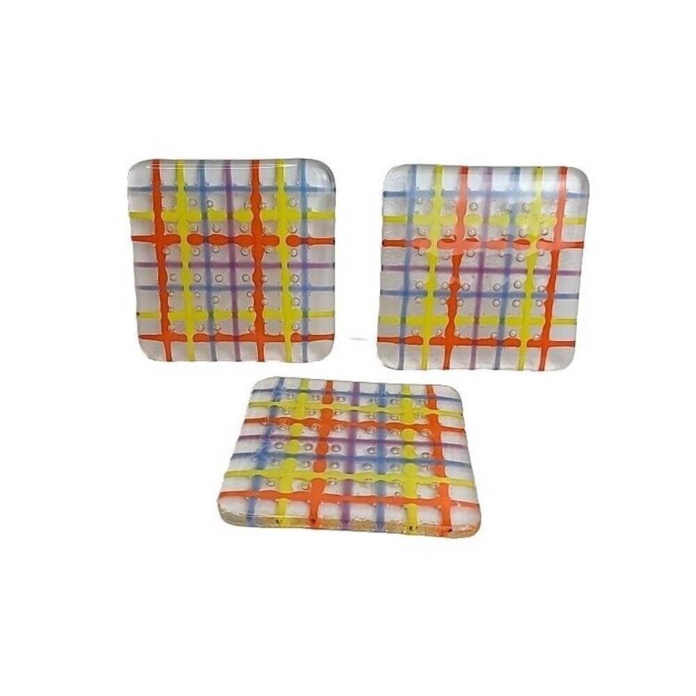 Lot of 3 Fused Glass Plaid Drink Coasters‎ Bubble Bullicante Rods Yellow Vintage